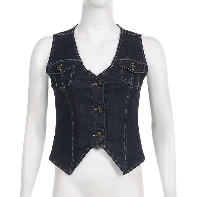 Ropa de mujer europea y americana Amazon Comercio exterior transfronterizo exclusivo para Calle Hipster ropa de trabajo de un solo pecho cintura lavada Chaleco de mezclilla