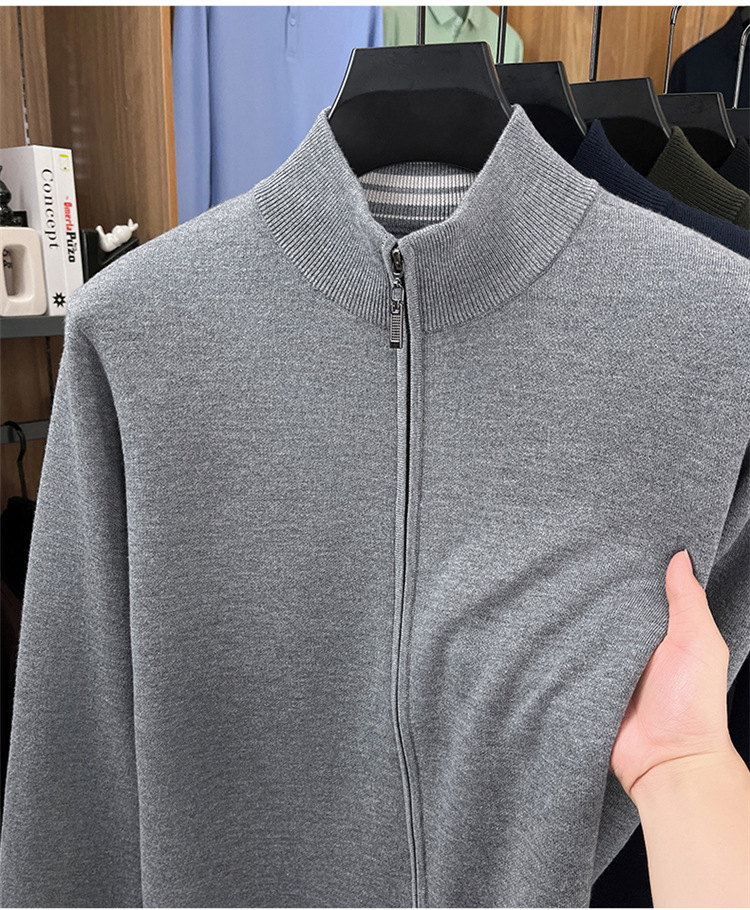 Áo len cardigan nam Haggis 100% len dày dặn có khóa kéo dệt kim cổ đứng — màu đen chi tiết 8