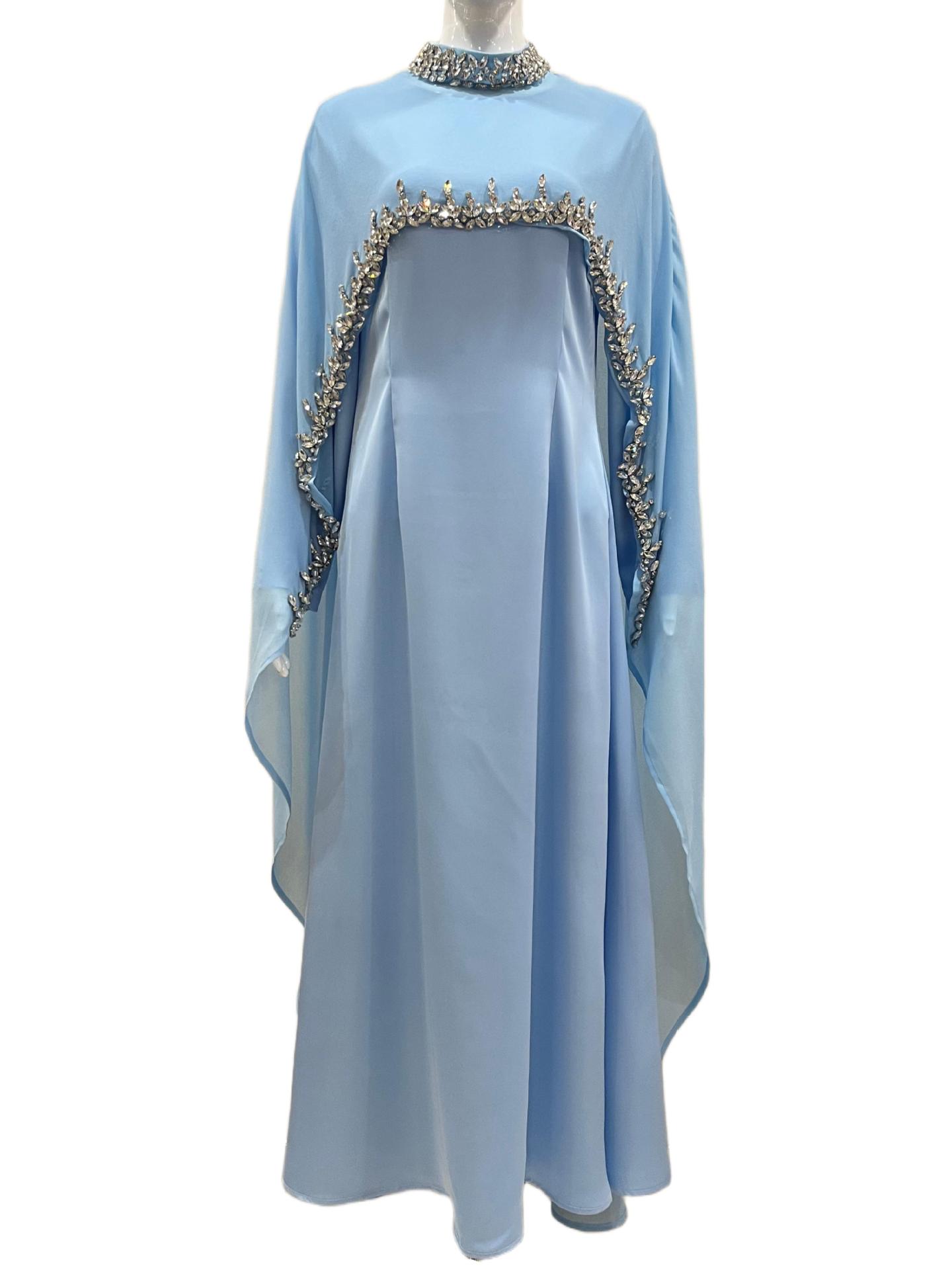 In-stock High-end Light Blue Diamond-embellished Cape Middle Eastern Dress Muslim Luxury Banquet Gown Arabian Robe_ecoleips.com