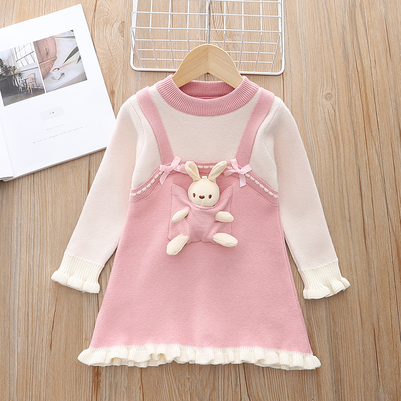 Coniglio cartone animato per bambina finto 2 pezzi di lana autunno inverno, abito da principessa lavorato a maglia elegante e carino per bambina_voghion.com