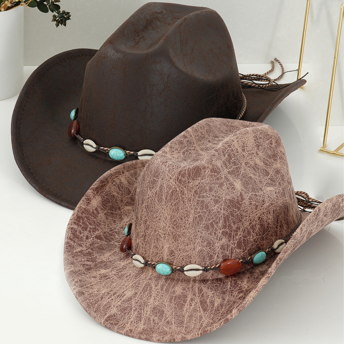 Men's and Women's Western PU Leather Gentleman's Hat Vintage Cowboy Hat Ruby Sapphire Inlay Woven Horse Riding Camping