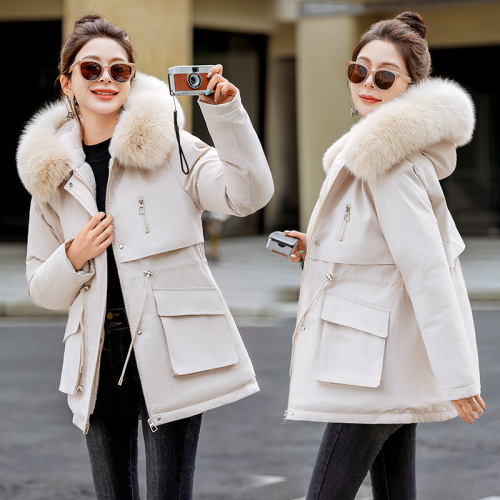2025 Winter New Arrival Overseas Trade Thickened Parka Women's Cinched Waist Slimming Hooded Large Fur Collar Warm Cotton Coat Trench Coat