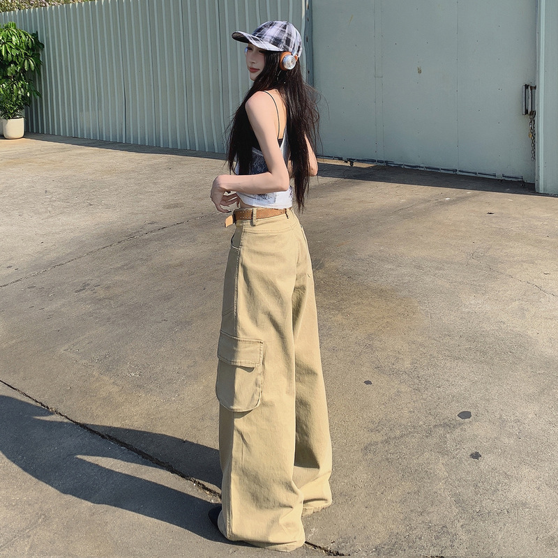 美式秋季新款宽松垂感工装牛仔裤女时尚设计感高腰显瘦阔腿拖地裤|undefined