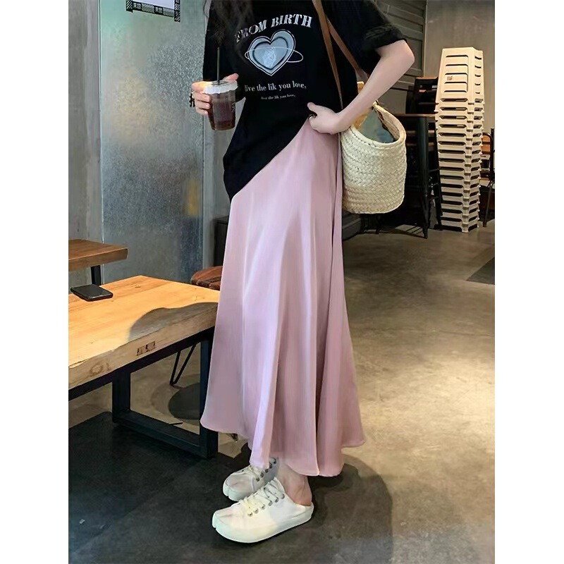 Maternity Pink Satin Split Skirt Women's Gentle A- line Umbrella Skirt Spring and Summer High-end French Midi Skirt