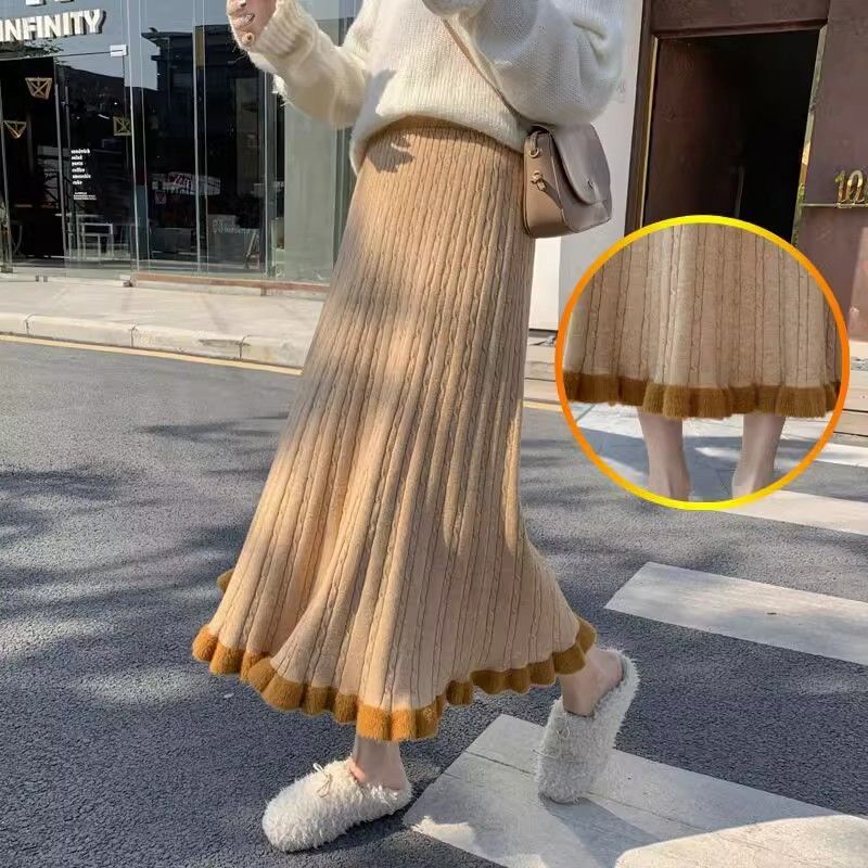 新品半身裙新款女加厚款气质中长高腰大摆裙冬季字毛线裙子卡其色
