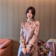 新中式加绒加厚国风旗袍改良拼接盘扣连衣裙女2023冬季新款裙子潮