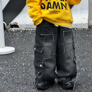 Tyru 2024 Winter New Korean Style Boys' Fashionable All-Match American Style High Street Old fleece-lined Jeans Children's Trendy