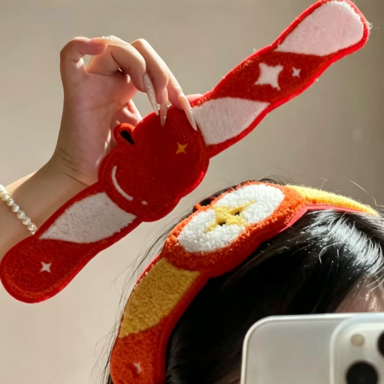 Cute Apple Magic Hair Sticker Plush Cartoon Bangs Sticker for Girls, Hair Fixing Magic Tape, Side Hair Styling Accessory