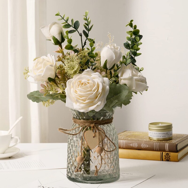 Amazon Realistic Touch Artificial Flowers for Living Room, Dahlia Fake Flowers, Glass Vase Set, Home Decoration, Ins Style Bouquet