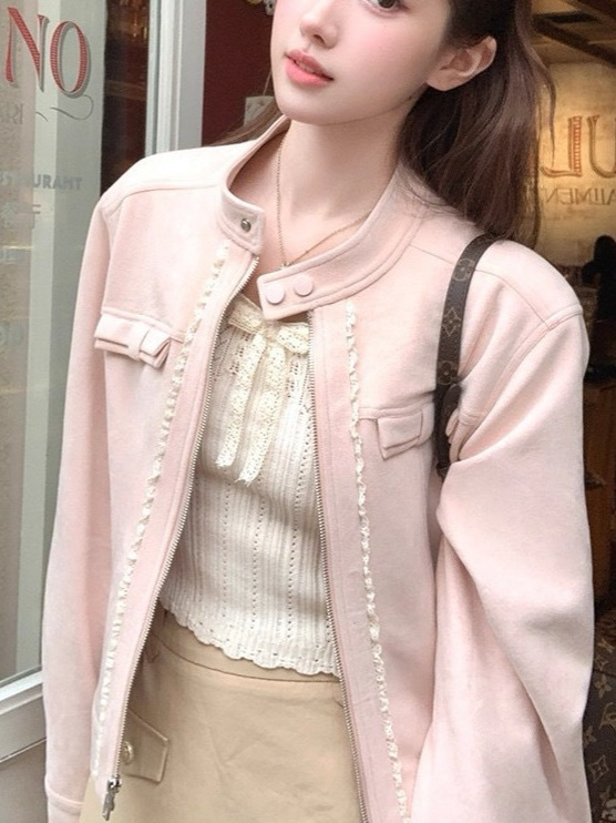 Acaine短款长袖粉色廓形麂皮外套女秋季美式棒球服夹克显白上衣|undefined
