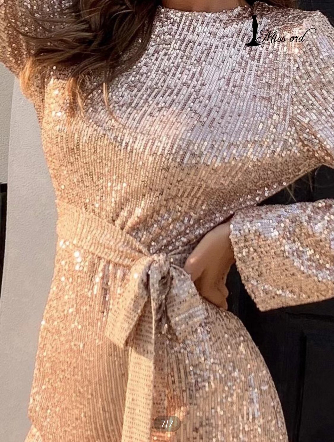 Women's Evening Dress Slim Fit Sequin Long Sleeve Backless Gold_voghion.com