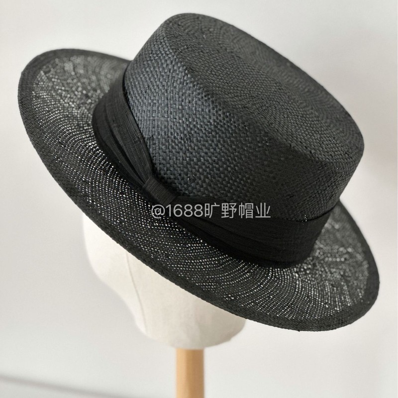 出口高品质剑麻平檐黑色草帽子优雅真丝麻高级感精致复古平顶礼帽|undefined
