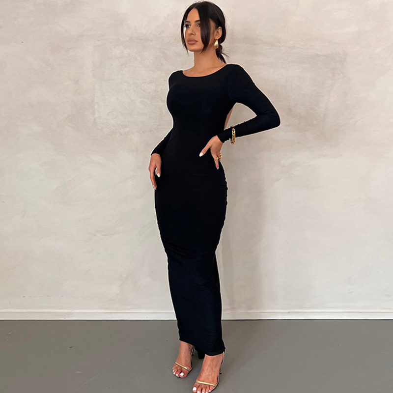 Pencil Skirt Elegant Elegant Temperament Private Clothing Socialite Round Neck Pullovers Pleated Hollow Out Long Sleeve Solid Color Maxi Long Dress display picture 5