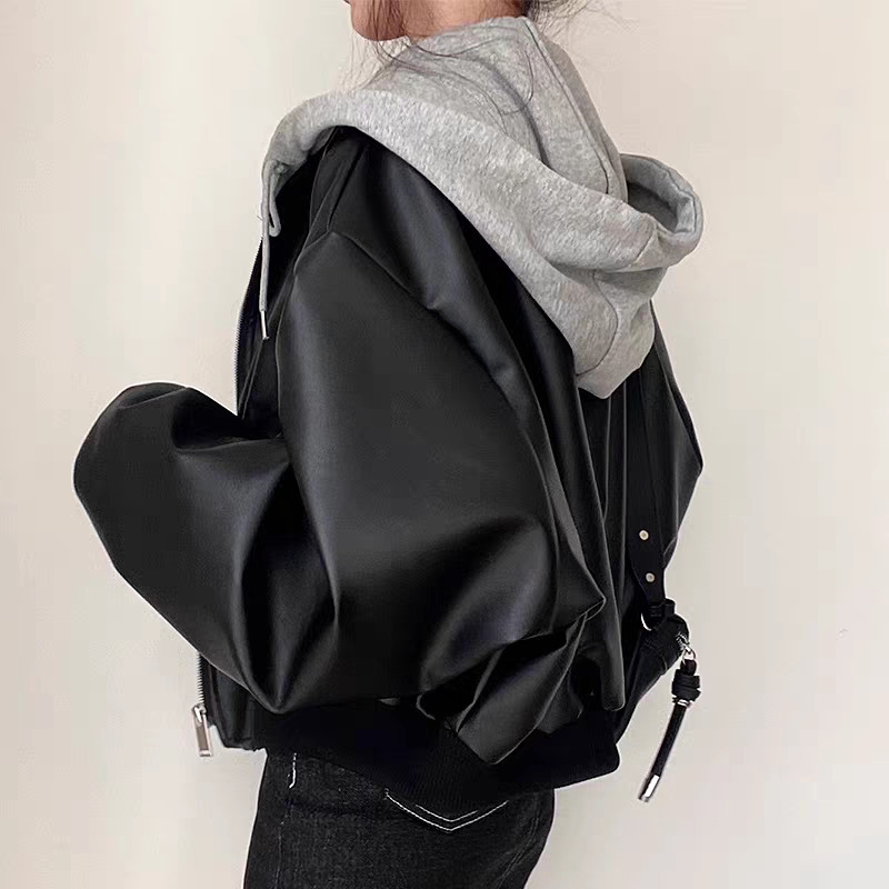 Han Dongdaemun Autumn New Fake Two-Piece Hooded Leather Jacket for Women, Cool and Stylish High-End Motorcycle Jacket