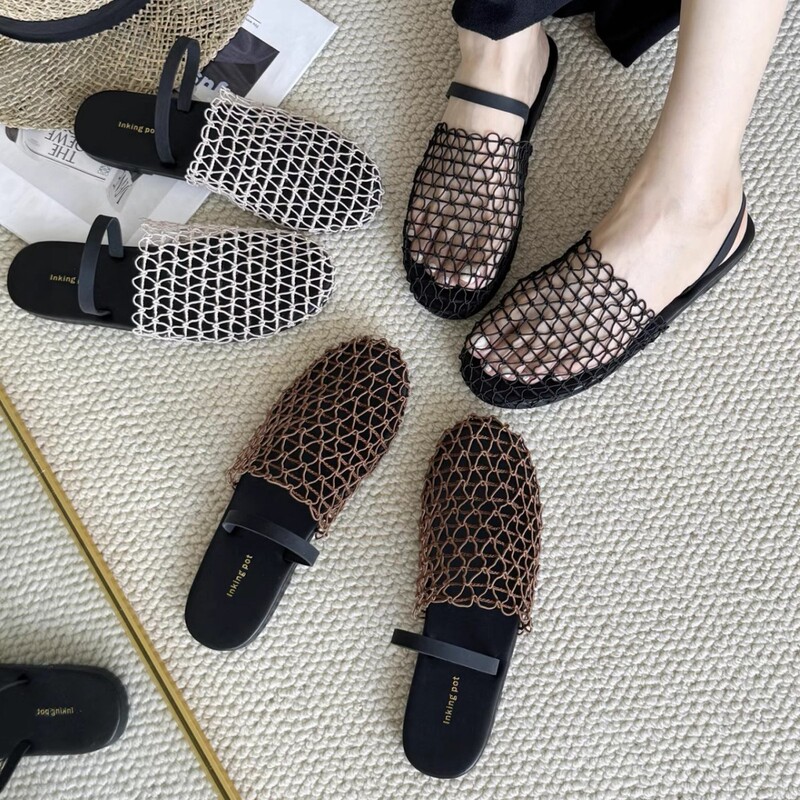 European and American Niche Fishnet Woven Hollow-Out Roman Sandals for Women, New Summer Style, Flat Fisherman's Sandals with Round Toe and Open Back