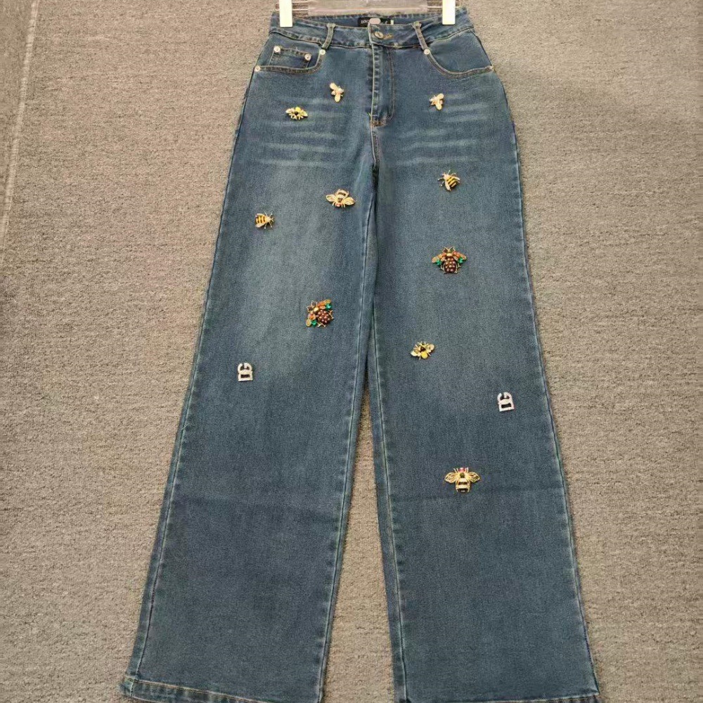 European and American Spring New Design Metal Accessory Wide-Leg Jeans with High Waist and Slimming Effect