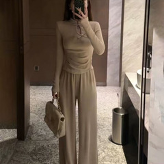 秋冬新中式盘扣设计上衣高腰阔腿裤套装女内搭修身时尚两件套