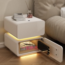LT奶油风床头柜带保险箱简约现代创意带灯小柜子实木卧室床头收纳