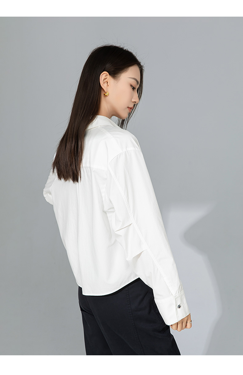 Áo sơ mi polo dài tay nữ kiểu Pháp chất cotton thụng, dáng ngắn mặc ngoài cardigan — Xanh nước muối chi tiết 24
