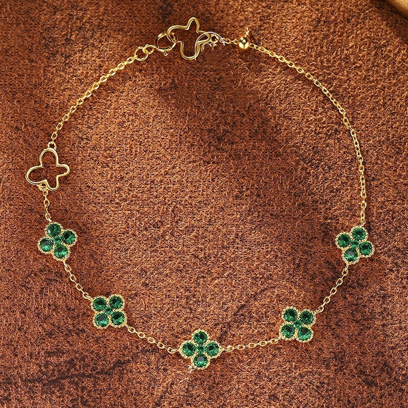 Butterfly Flower~S925 Sterling Silver Plated with 18K Gold, Emerald Zircon Bracelet, Four-Leaf Clover Butterfly, Exquisite Design, Light Luxury Butterfly Flower~S925 Sterling Silver Plated with 18K Gold, Emerald Zircon Bracelet, Four-Leaf Clover Butterfly, Exquisite Design, Light Luxury