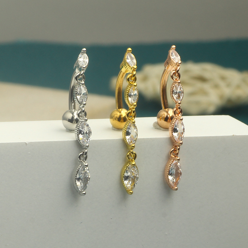 Stainless Steel Heart Navel Ring - Rose Gold Belly Button Piercing Jewelry Inverted CZ detail image 8