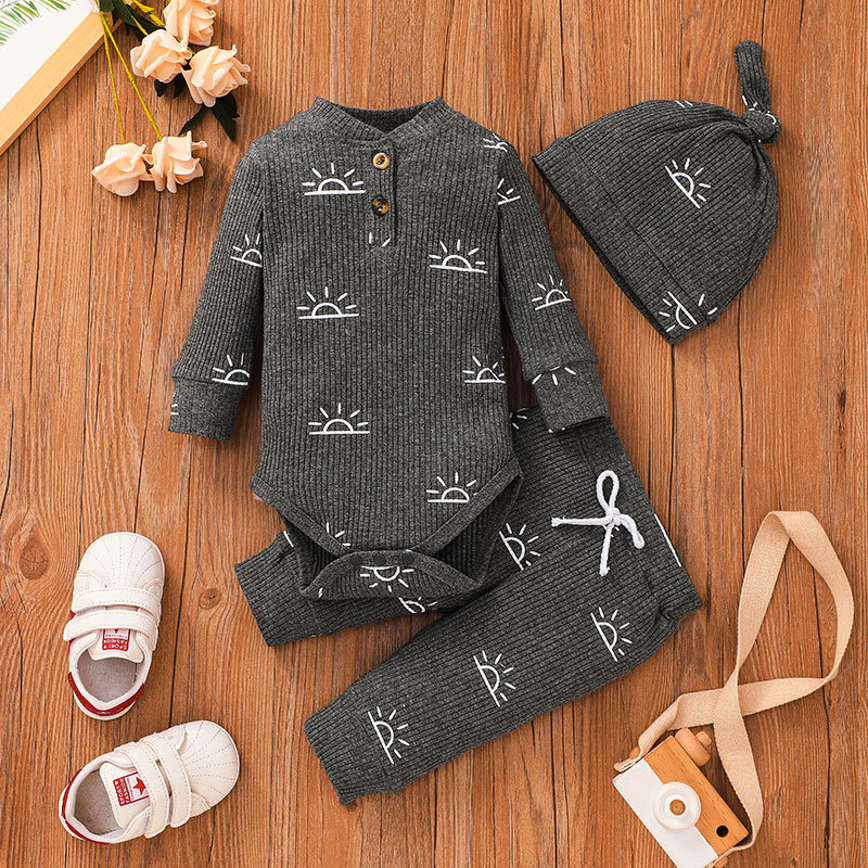 Autumn Infant Baby Romper Three-piece Solid Color Pit Striped One-piece Suit display picture 10