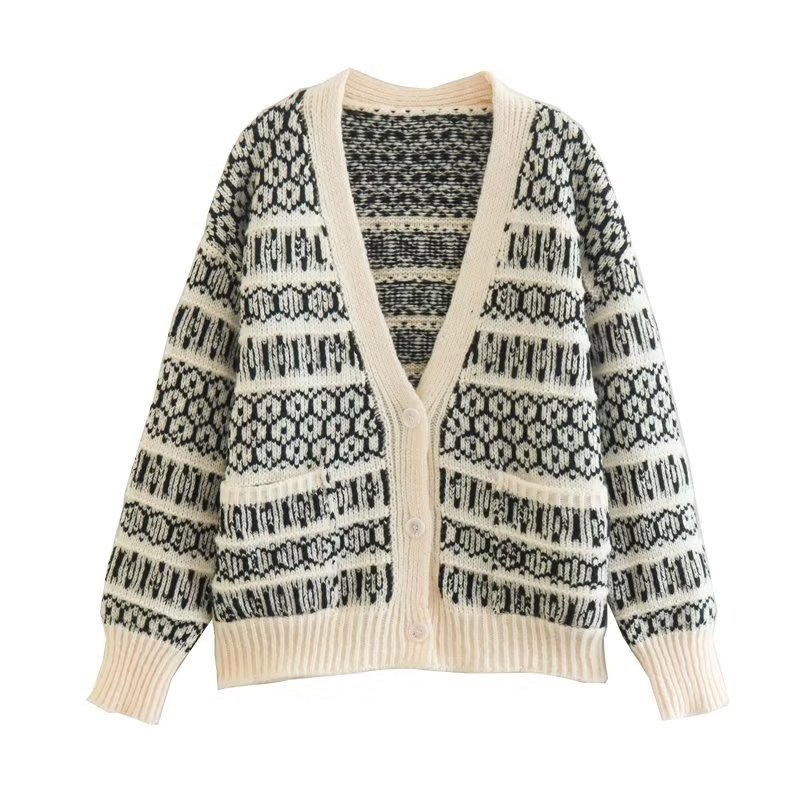 knitted single-breasted jacquard V-neck long-sleeved cardigan NSYXB139754