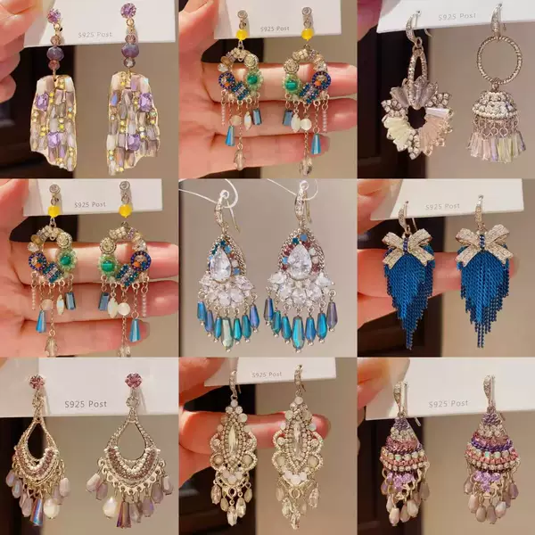 Silver Needle Inlaid Diamond Crystal Tassel Earrings Ethnic Style Niche Temperament Earrings Light Luxury High-End Heavy Craftsmanship Exaggerated Earrings