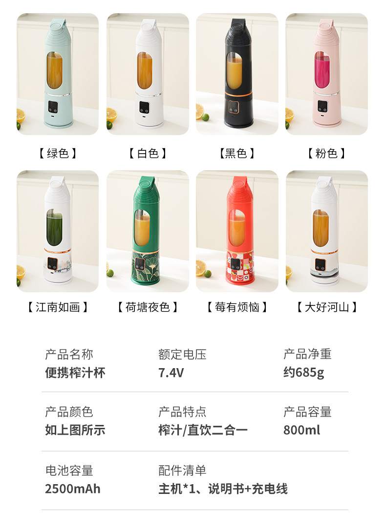 便携式搅拌机带滤网,USB C型可充电,跨境新品榨汁杯6刀不锈钢刀片