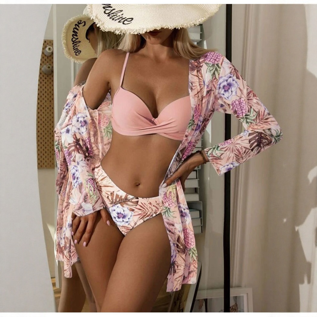 New European and American Swimsuits, Female Sexy Suspender Swimsuits, Cross-Border Mesh Three-Piece Set, Foreign Trade Bikini Cover-Up Swimsuits for Women