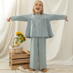 女童純棉雙層紗布睡衣兩件套長袖可愛娃娃裝家居服兒童套裝可外穿