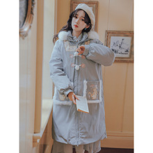 蓝色刺绣羽绒棉外套女中长款加厚保暖学生可拆卸毛领连帽棉衣棉袄