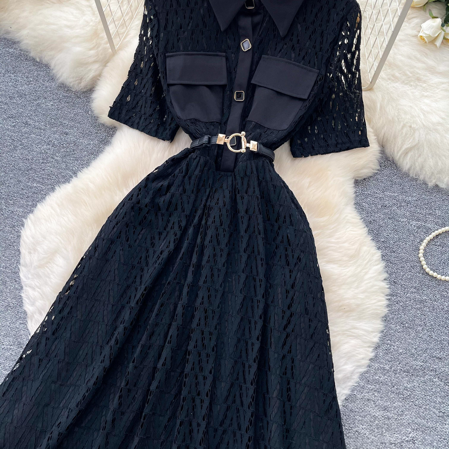 French-Inspired Lace Dress With Tie Waist - Elegant Black A-Line Midi Dress For Women_ecoleips.com