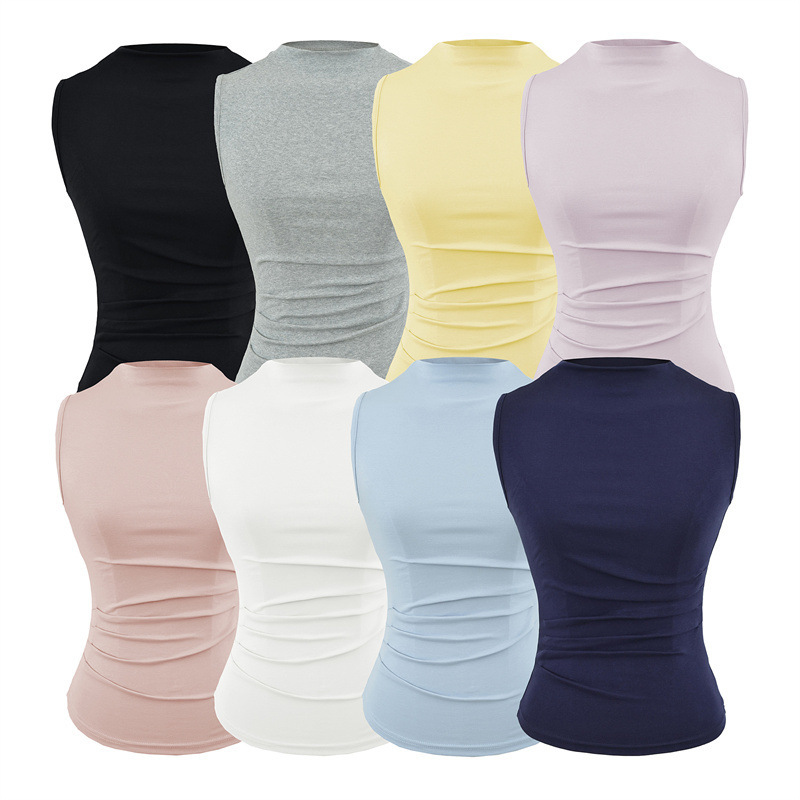 Chic High-Neck Sleeveless Ruched Slim-Fit Tank Top for Women, Summer Pure Desire Tight-Fitting Base Layer with a Stylish Design for Hot Girls
