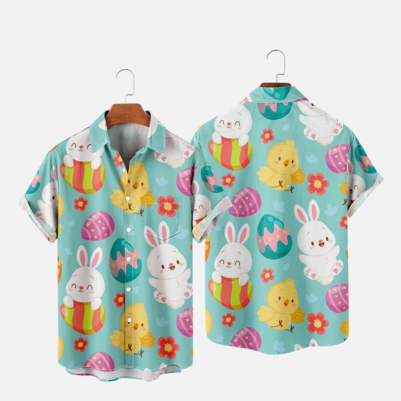 2022 New Cross Border plus size Shirt Easter Bunny Series Men's Loose Trendy Short Sleeve Lel Shirt