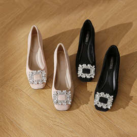 不累脚黑色职业高跟鞋女粗跟2025年春夏新款法式方头水钻低跟单鞋