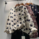 春秋女装新款百搭显瘦圆领翻领单排扣双纱棉波点长袖衬衫女衬衣