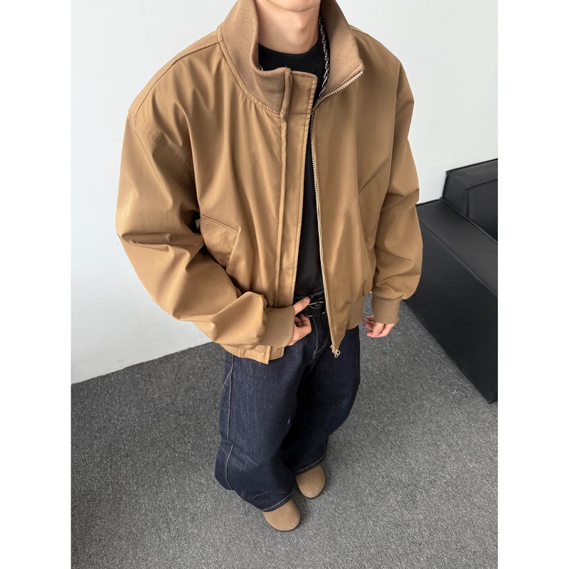 American Retro Stand Collar Pilot Jacket Men's Silhouette Trendy Brand Cleanfit Loose Versatile Short Solid Color Coat