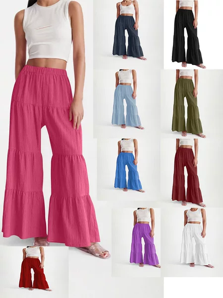 European and American 2025 Cross-Border European and American Pleated Elastic Solid Color Waist Loose Long Pants Commuting Comfortable Wide-Leg Casual Pants Women's Clothing