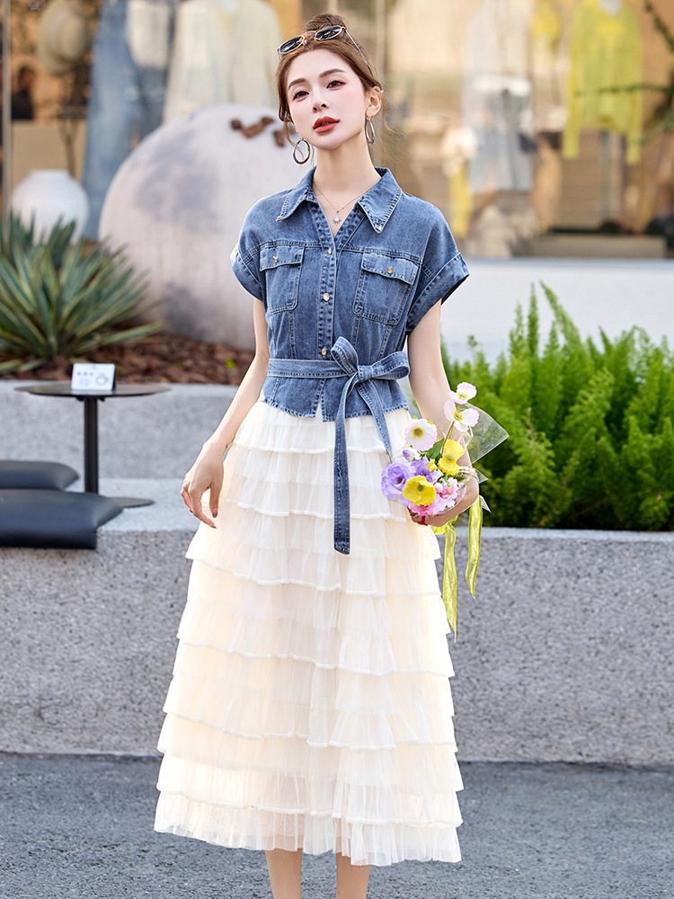 Váy liền denim tay ngắn thắt eo tôn dáng mới mùa hè 2025 YH2666 — Màu như hình