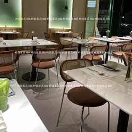 实木简约休闲餐厅奶茶店复古藤编坐垫靠背餐椅奶茶店洽谈桌椅组合