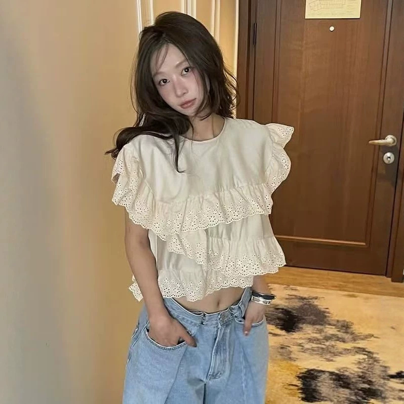 In stock: New Korean 2026 summer collection sweet lace irregular ruffle blouse