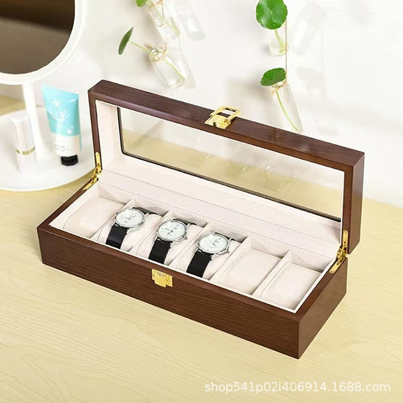 Household Flip-Top Glass Transparent Watch Display Box Wooden Jewelry Storage Box Simple Watch Organizer Box