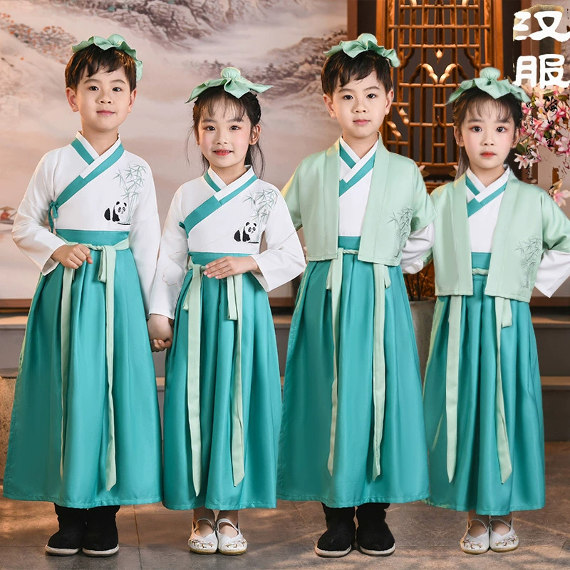 Детский древний костюм Костюм Ханьфу Госюэ Книга для учеников начальной школы Детский женский костюм в китайском стиле с тремя персонажами для выступления сутры Правила ученика мальчика