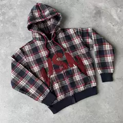 2025 American Retro Plaid Patchwork Hooded Sweatshirt for Men – Streetwear Oversized Zip-Up Jacket