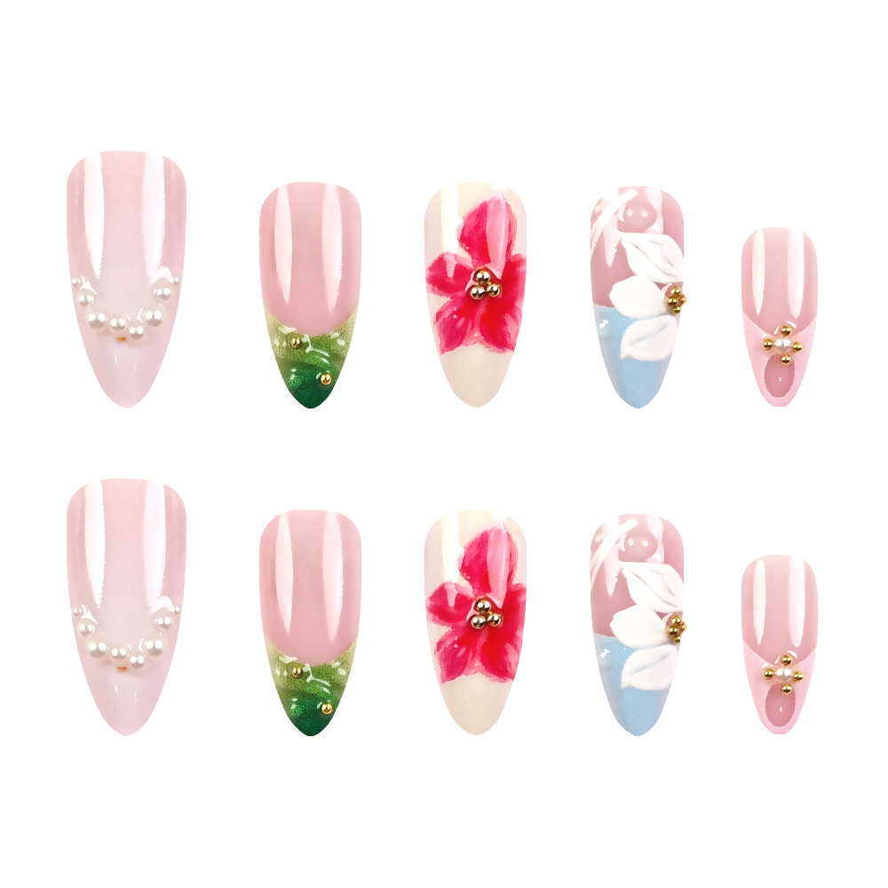 Transfronterizos estereotipos en relieve perforación de manicuras delicadas flores románticas para usar uñas de almendras 24 piezas de parche de uñas