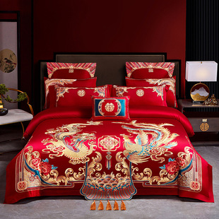 120-Count Xinjiang Long-Staple Cotton Wedding Four-Piece Set Big Red Dragon and Phoenix Pure Cotton Embroider Cotton Wedding Bedding 4