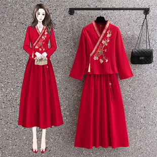 High quality velvet jacquard vintage Han element cross collar handmade beaded buckle tassel tea suit Zen suit Tang suit autumn and winter suit