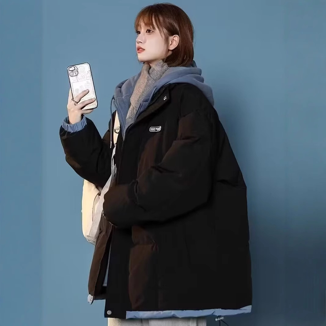 후드 페이크 투피스 2024 겨울 새로운 다운 코튼 패딩 코트 여성 남녀 커플 루즈 패션 코튼 패딩 코트