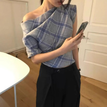 现货 斜肩收腰格纹短袖女2025夏季韩系修身显瘦小众设计师款女装